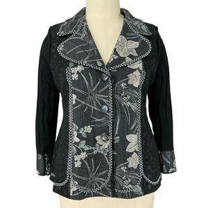 NWT Sioni BOHO Artsy Jacket Black Silver Floral Embroidery Knit Sleeves Size XL